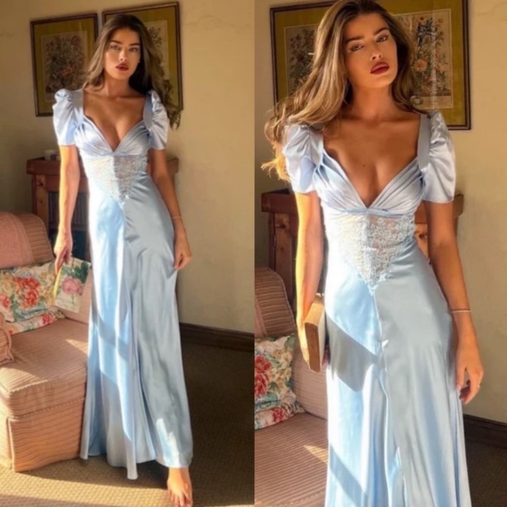House of CB M D-DD 'Rafaela' Soft Blue & Pure Silk Lace Maxi Dress NWOT - Picture 4 of 13